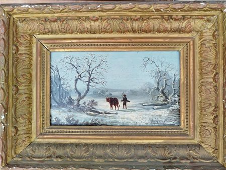 Jules Vernier (1862-1937) raffigura un paesaggio invernale innevato, olio su tavoleta, firmato in basso cm 13x23 (cornice 27x37)