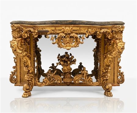 Consolle monumentale piemontese del XIX secolo in legno intagliato e dorato con putti e mascheroni XIX sec 175x70 da restaurare