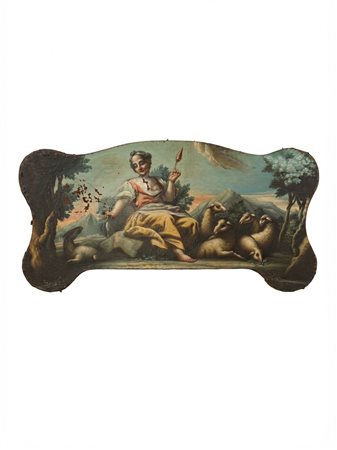Sovraporta del XVIII secolo, scuola italiana, olio su tela raffigurante scena pastorale