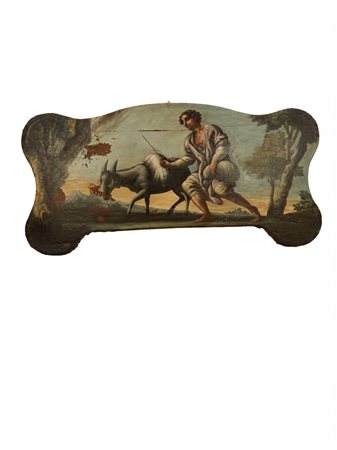 Sovrapporta ad olio su tela con cornice del XVIII secolo raffigurante una scena pastorale