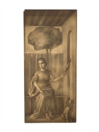 Mario Zappettini (Milano, XX secolo) Allegoria della Virtù Domestica (Figura muliebre seduta con fuso e cane) Grisaglia su pannello, cm 200 x 95 circa ￼