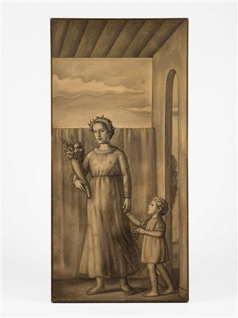 Mario Zappettini (Milano, XX secolo) Allegoria dell'Abbondanza (Figura muliebre con cornucopia e fanciullo) Grisaglia su pannello, cm 200 x 95 circa