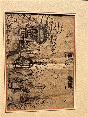 Disegno a inchiostro su carta, studio di interni ed elementi astratti, XX secolo
