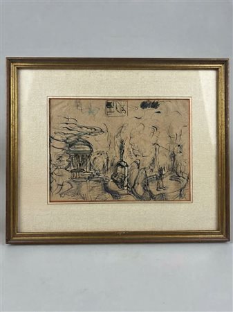 Disegno a penna e inchiostro raffigurante una scena di giardino classico