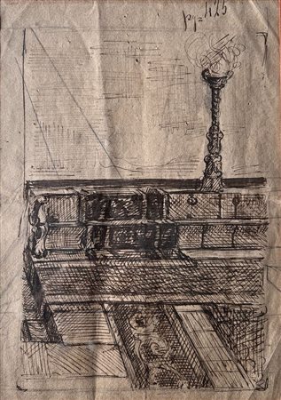 Disegno architettonico a penna e inchiostro del XVIII secolo con candelabro