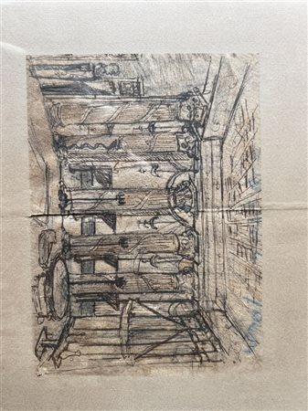 Disegno architettonico a inchiostro e grafite raffigurante interno monumentale con colonne, XIX secolo