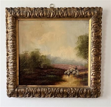 Paesaggio pastorale con pastore e gregge di pecore olio su tela entro cornice dorata del XIX secolo