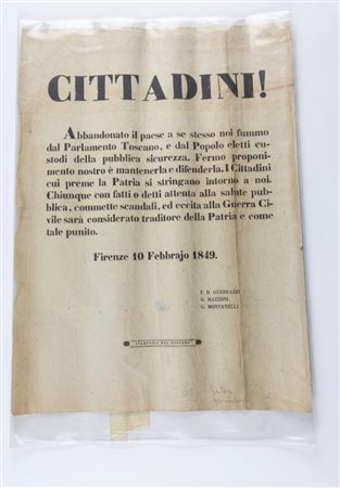 Manifesto politico del governo provvisorio toscano, CITTADINI!, Firenze 10 Febbraio 1849