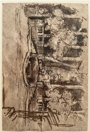 Disegno architettonico del XVIII o XIX secolo, capriccio con fontana e giardino, penna e inchiostro bruno con acquarello su carta