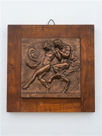 A. Cortesi, Bassorilievo mitologico con ninfa e satiro, gesso patinato