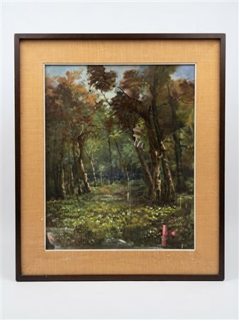 Dipinto a olio su tela raffigurante paesaggio boschivo in cornice moderna