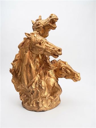 Mongini, Teste di Cavallo, Scultura in Bronzo Dorato, Edizione I/III, 40 x 33 x 20 cm.