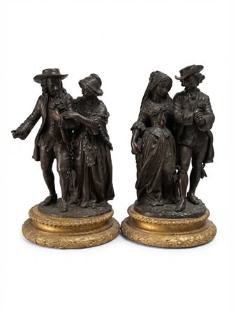 Duchoiselle, coppia di sculture in bronzo raffiguranti scene galanti, XIX secolo 25 cm