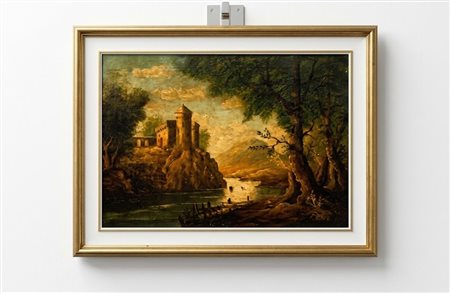Dipinto olio su tela "Paesaggio con Castello su roccia al tramonto" R. Poli XX Secolo, cm 60x80