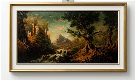 Dipinto ad olio su tela “Paesaggio fluviale con ruderi e montagne” – R. Poli – XX Secolo. cm 120x60