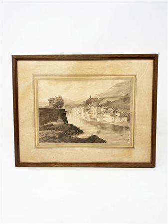 Scuola del XIX secolo Veduta Cittadina fluviale con fortificazioni disegno a china e acquerello