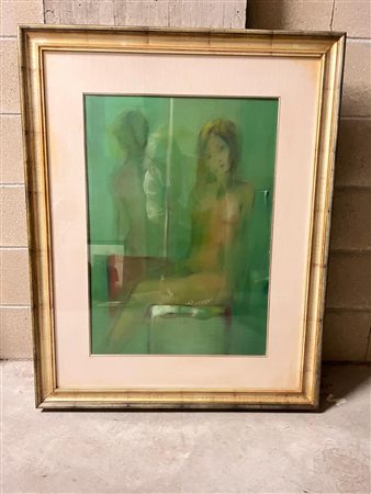 Scuola figurativa del '900 Nudo femminile su sfondo verde Olio su tela