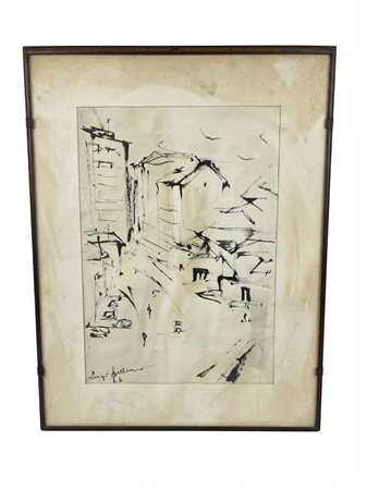 Luigi Spallino Scorcio urbano palazzi e figure Inchiostro su carta