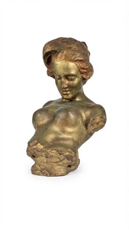 Busto femminile in gesso patinato oro in stile Art Nouveau, 32x22 cm