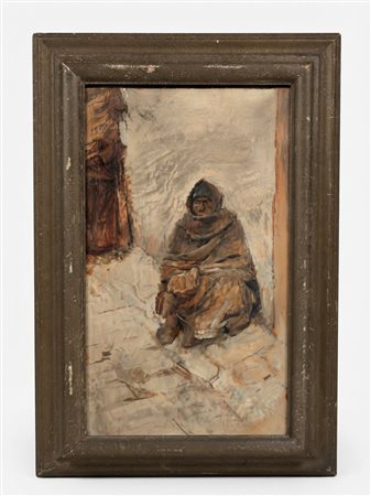 T. Rombetti, Dipinto a olio su tavola raffigurante figura seduta in preghiera