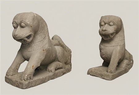 Coppia di Leoni Guardiani (Cani di Fu) in Pietra Scolpita – Cina, Dinastia Song