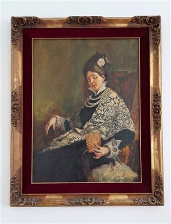 Dipinto olio su tela di cm 80x50, raffigura il ritratto di una donna elegante seduta in un interno