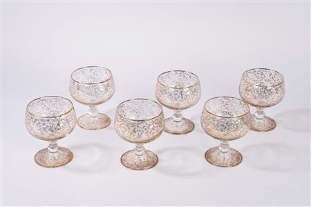 Sei coppe da macedonia in vetro di Murano con decori in oro