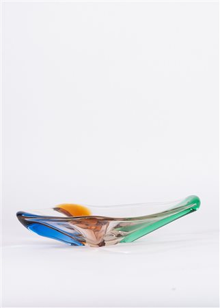 Centrotavola in cristallo incolore con inserti blu, verde e arancio, anni '50 del Novecento