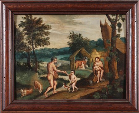 ARTISTA FIAMMINGO DEL XVII SECOLO Personaggi in un paesaggio. Olio su tavola....