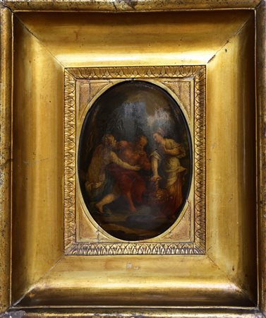 ARTISTA DEL XVIII SECOLO L'ebrezza di Noè. Olio su tavola. Cm 17,00 x 26,00....