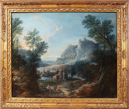ARTISTA FIAMMINGO DEL XVIII SECOLO Paesaggio con personaggi e case. Olio su...