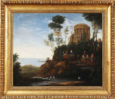 VAN POLENBURG CORNELIS (1586 - 1667) Seguace di. Paesaggio marino con tempio...