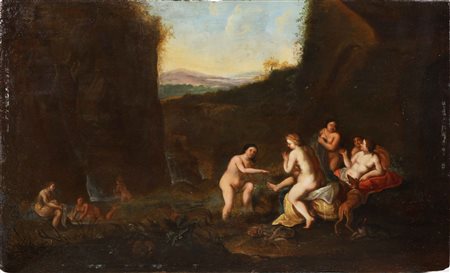 ARTISTA FIAMMINGO DEL XVII SECOLO Il bagno di Diana. Olio su tavola. Cm 44,00...