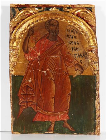 MAESTRO VENETO CRETESE DEL XVI SECOLO Santo evangelista. Tempera su tavola....