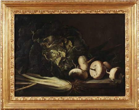 ARTISTA NAPOLETANO DEL XVII SEC. Natura morta con rape e cavolfiore. Olio su...