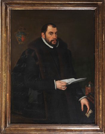 ARTISTA VENETO DEL XVI SECOLO Ritratto d'uomo con lettera. Olio su tela. Cm...