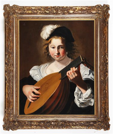 ARTISTA FIAMMINGO DEL XVII SECOLO Ritratto di donna con menestrello. Olio su...