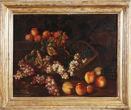 RUOPPOLO GIUSEPPE (1629 - 1693) Natura morta di pesche, uva e meloni. Olio su...