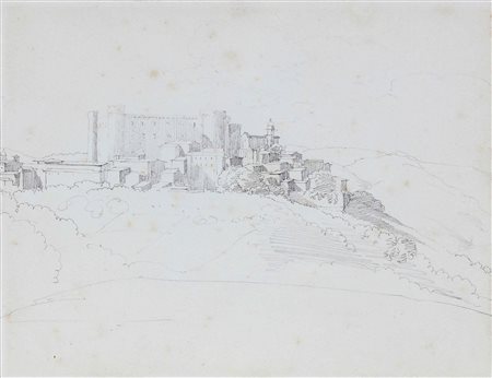BASILETTI LUIGI (1780 - 1860) Castello e borgo in collina. Matita su carta....