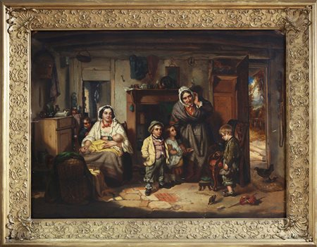 ARTISTA INGLESE DEL XIX SECOLO Interno contadino con personaggi. Olio su...