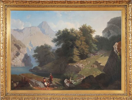 PIACENZA CARLO (1814 - 1877) Paesaggio con personaggi. Olio su tela. Cm...