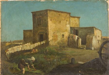 CAMMARANO MICHELE (1835 - 1920) Casolari e contadina. Olio su tela . Cm 45,00...