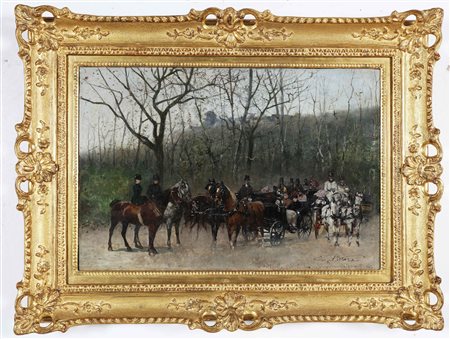 PITTARA CARLO (1836 - 1890) Cavalieri e carrozze a Saint-Cloud. 1887. Olio su...