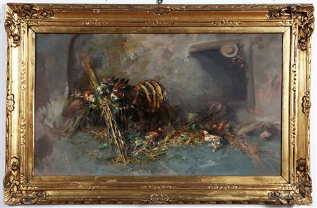 PELLICCIOTTI TITO (1871 - 1950) Stalla. Olio su tela. Cm 89,00 x 53,00. Firma...