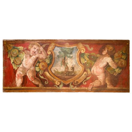 Sopraporta, elegante stemma d'affresco riportato su tela, cartiglio Centroe con cervo affiancato da due putti che sorreggono festoni a foglie e melograni , Centro Italia 19° secolo