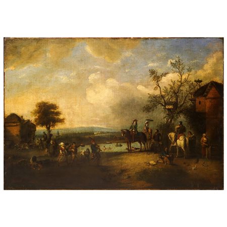 Jan  Wouwerman (Haarlem 1629 - Haarlem 1666)  - Paesaggio lacustre con cavalieri