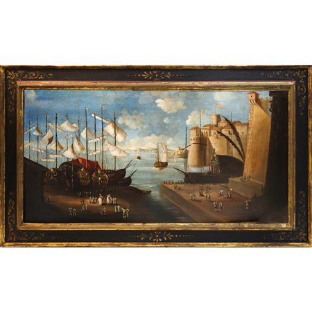 Paesaggio portuale con velieri personaggi e costruzioni architettoniche , 18° secolo