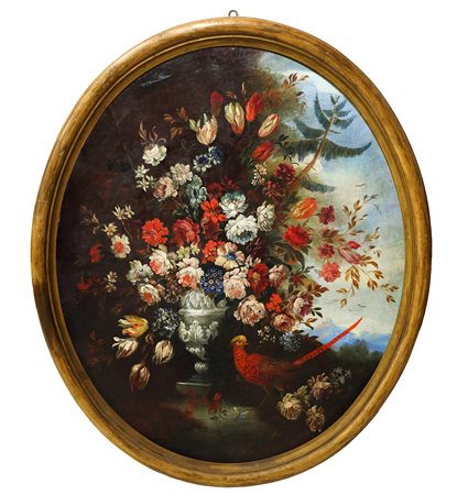 Nicola Cassisa (Napoli , 1730)  - Natura morta di fiori, dipinto ovale, Sicily, early 18° secolo