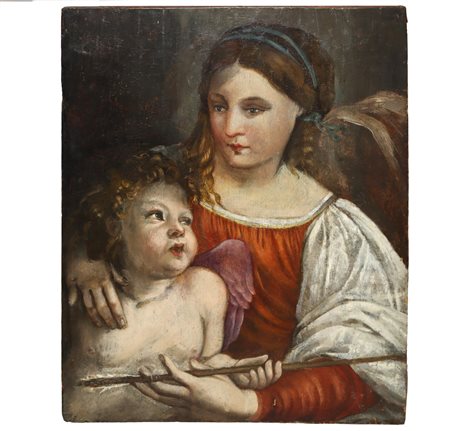 Jacopo  Palma Il Vecchio (attribuito a) (Serina 1480 - Venezia 1528)  - Cupido e Venere , 16° secolo