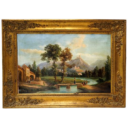 Paesaggio fluviale con alberi e personaggi, 19° century